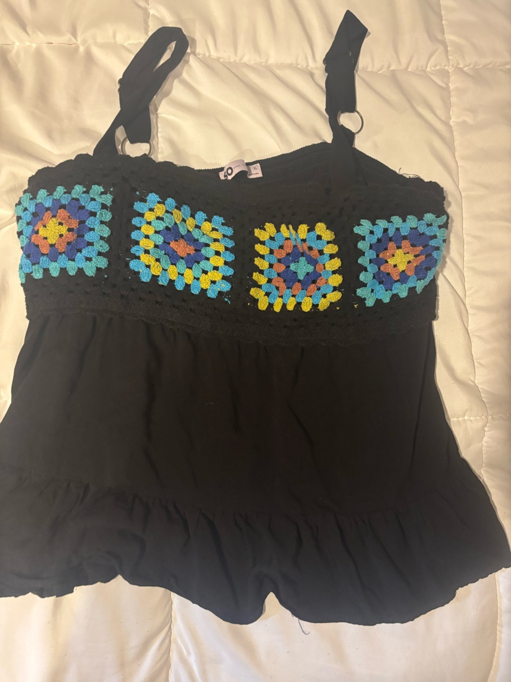 Black Crochet-Trim Women's tank Top with Multicolor Accents